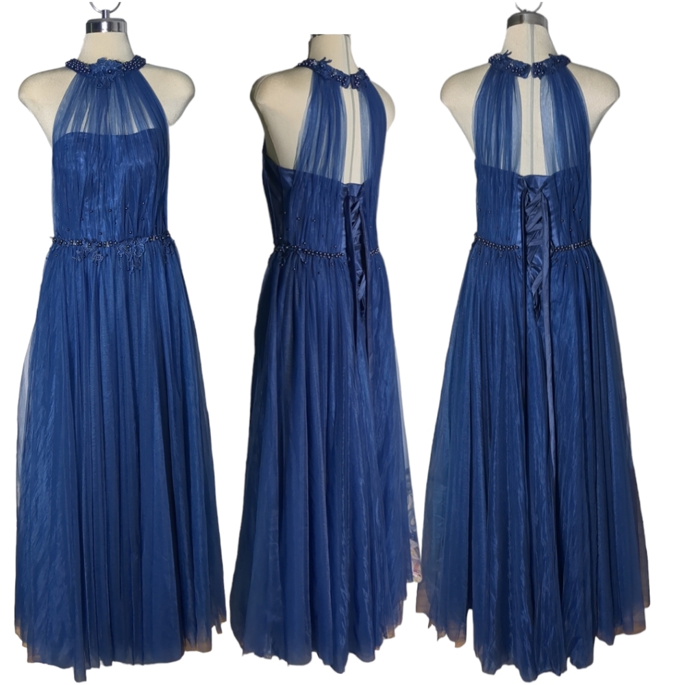 Luxury Designer Blue Beaded Embroidery Illusion Halter \ Ball Gown Blue Size S